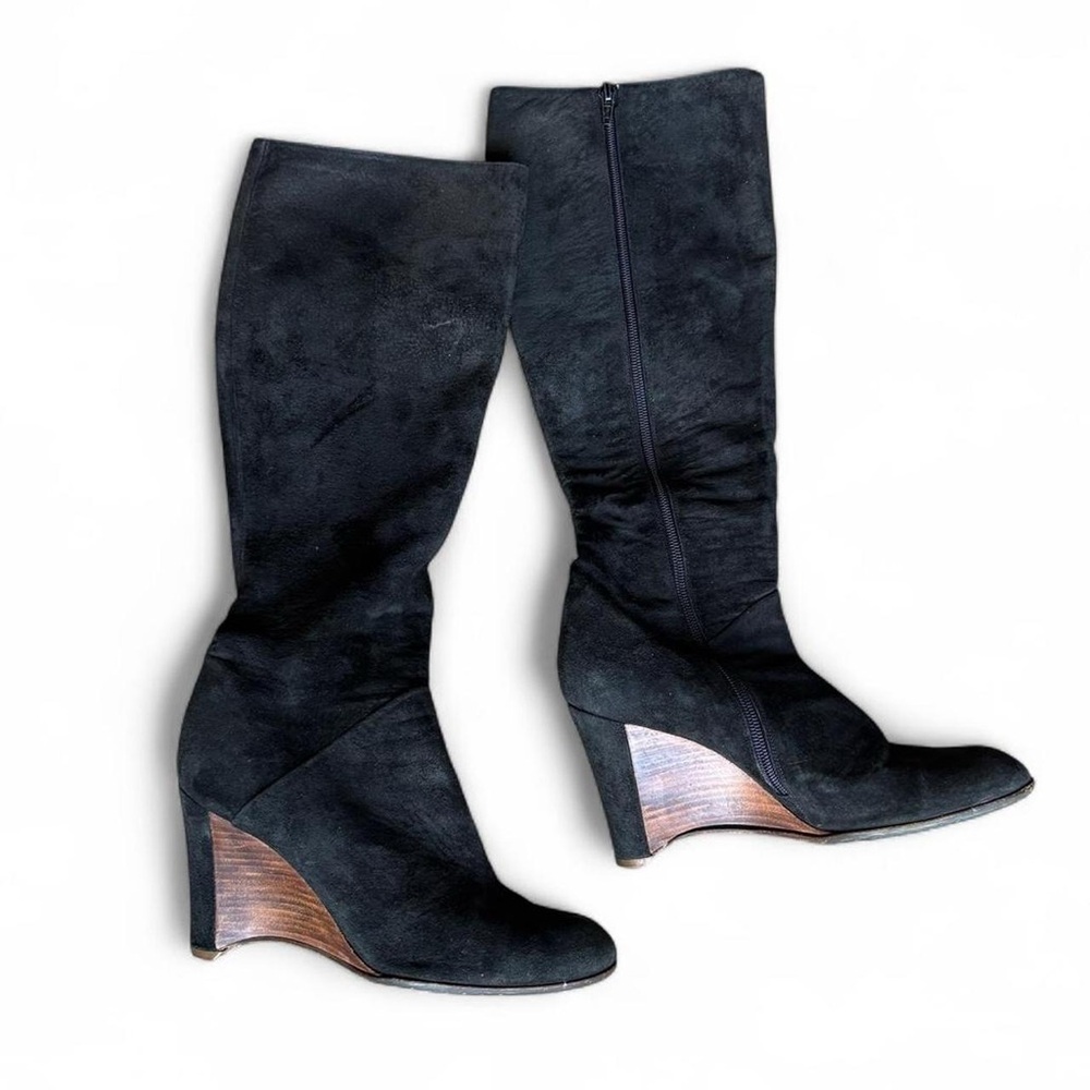 Vintage Emporio Armani Knee High Suede Wedge Boots in Black